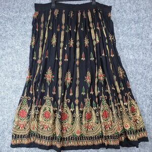 JK Collections Black Boho Rayon Maxi Skirt Gold Red Green Print Free Size India